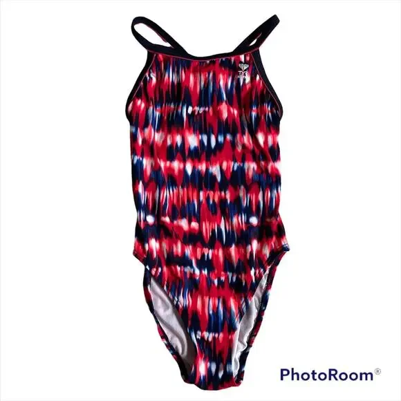 TYR Durafast Women’s One Piece Swimming Suit Racer Back Size 34 Red Navy Tie-Dye - Picture 1 of 5